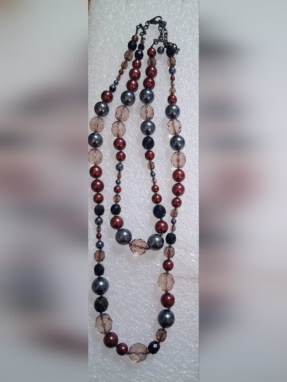 Elegant Multi-Strand Pearl & Crystal Necklace in Metallic Gray and Deep Red
